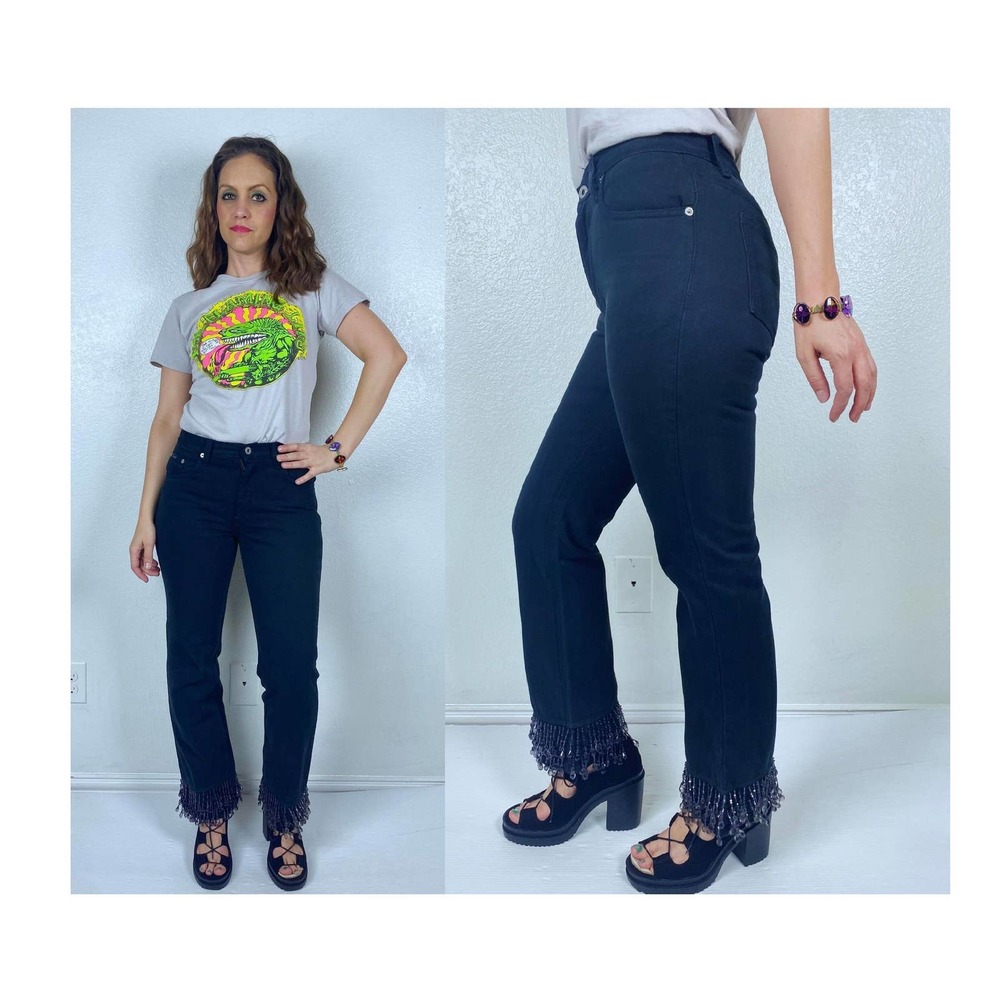 vintage 2000s Black BEADED FRINGE mid rise JEANS xs/s boyfriend sparkly party